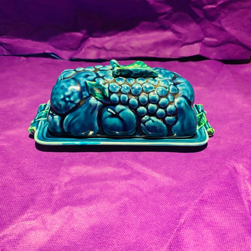 Vintage Inarco Japan Blue /Green Ceramic Fruit Design Butter Dish